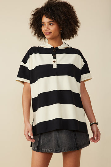HY8566 Black Womens Engineered Block Striped Hooded Knit Tunic Front